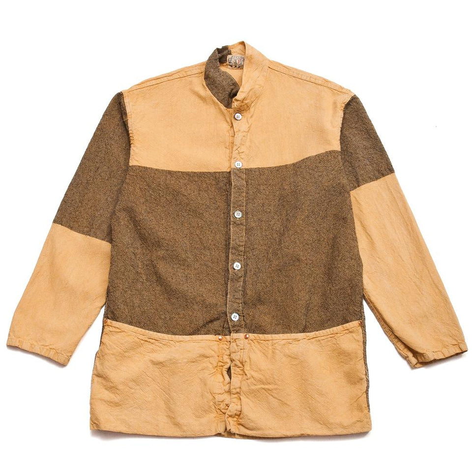 Size 3a Tender Folded Pocket Shirt in Yellow Ochre Dyed Wool with Cotton Awning Stripe at shoplostfound, front