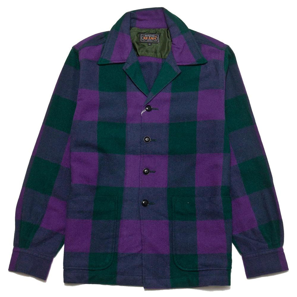 Beams Plus Camp Collar Jacket Block Purple/Green at shoplostfound, front