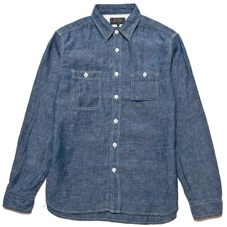 Beams Plus Work Linen Chambray Blue at shoplostfound, front