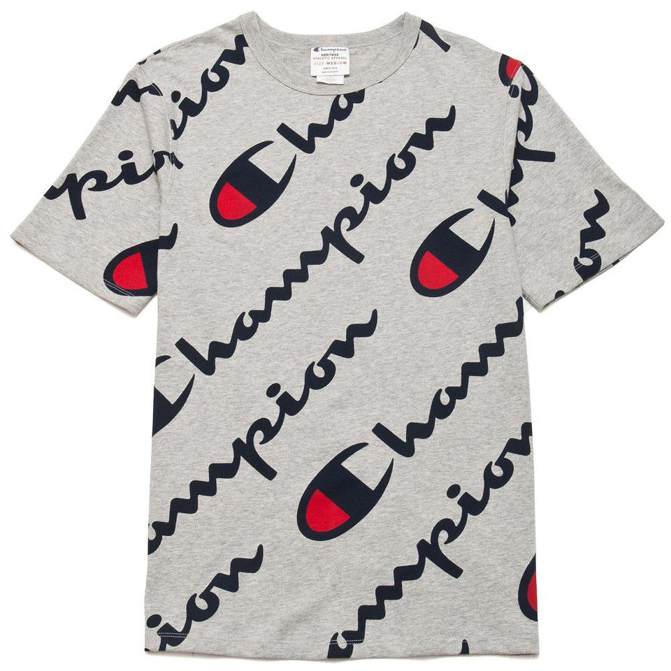 Champion Heritage Tee All Over Script Grey at shoplostfound, front