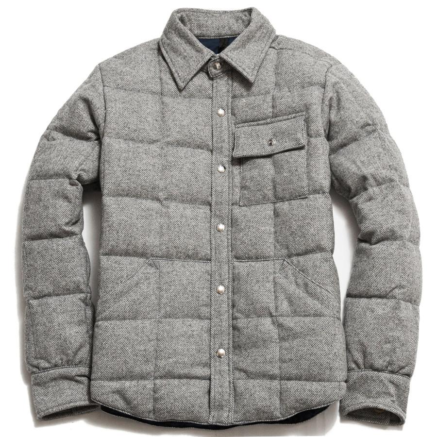 Crescent Down Works Grey Herringbone Wool Down Shirt Jacket w/ Pockets