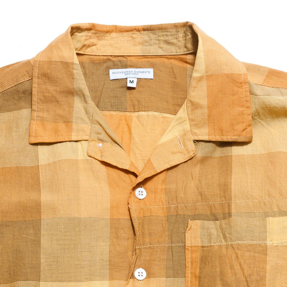 Engineered Garments Block Check Lawn Camp Shirt Gold at shoplostfound, neck
