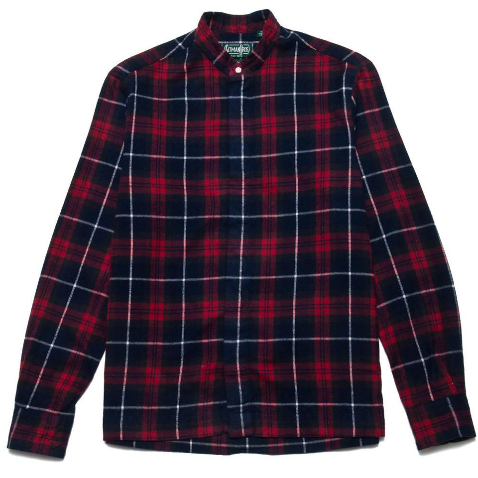 Gitman Vintage Bros. Band Collar Long Sleeve Red/Navy Plaid Flannel at shoplostfound, front