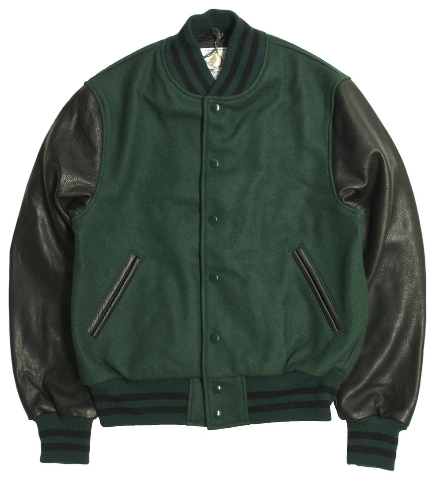 Golden Bear Green Melton Wool Black Leather Varsity Jacket