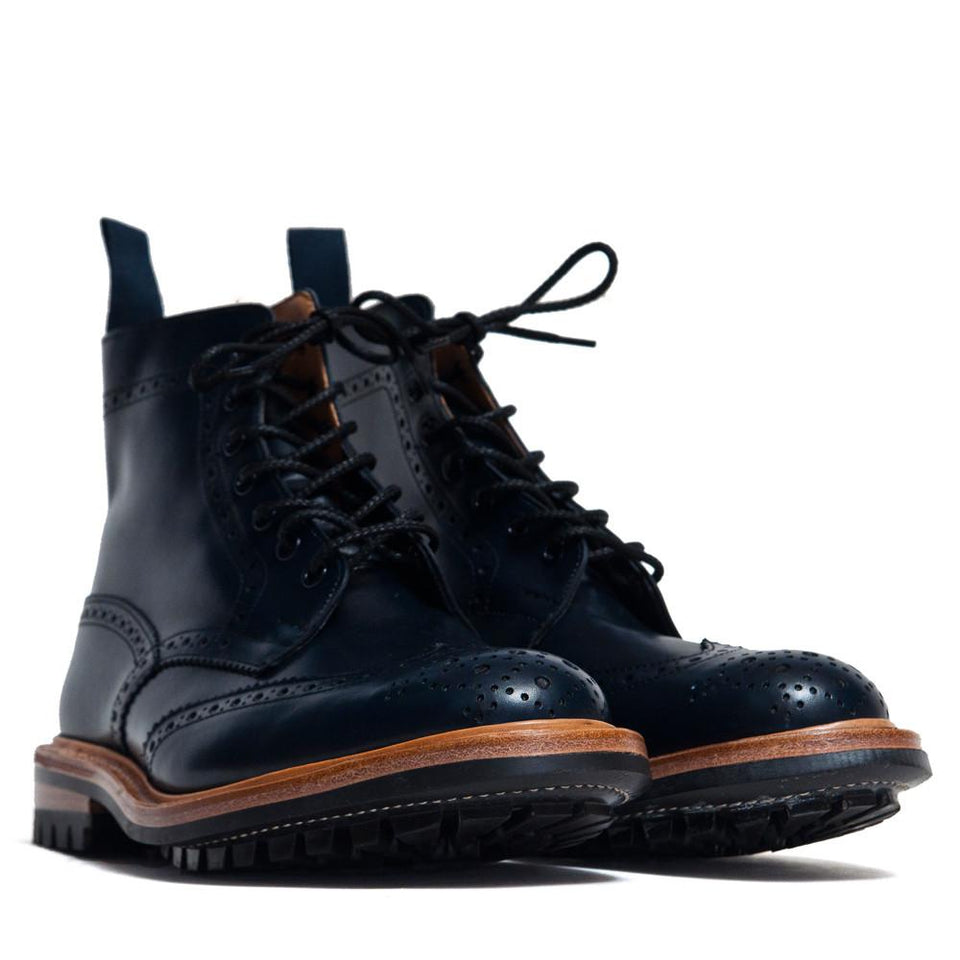 Tricker's * lost & found Navy Aniline Leather Commando Sole Stow Boot at shoplostfound in Toronto, product pic