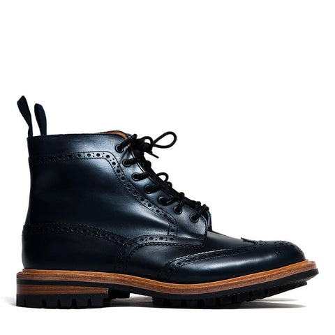 Tricker's * lost & found Navy Aniline Leather Commando Sole Stow Boot at shoplostfound in Toronto, product pic