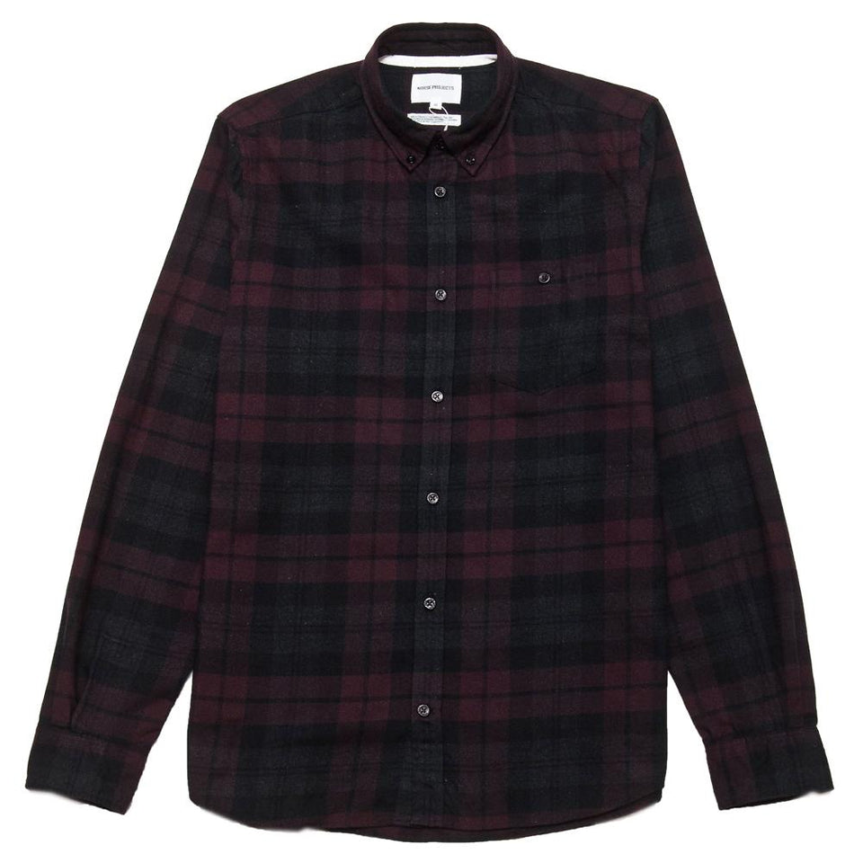 Norse Projects Anton Flannel Check Eggplant Brown at shoplostfound, front