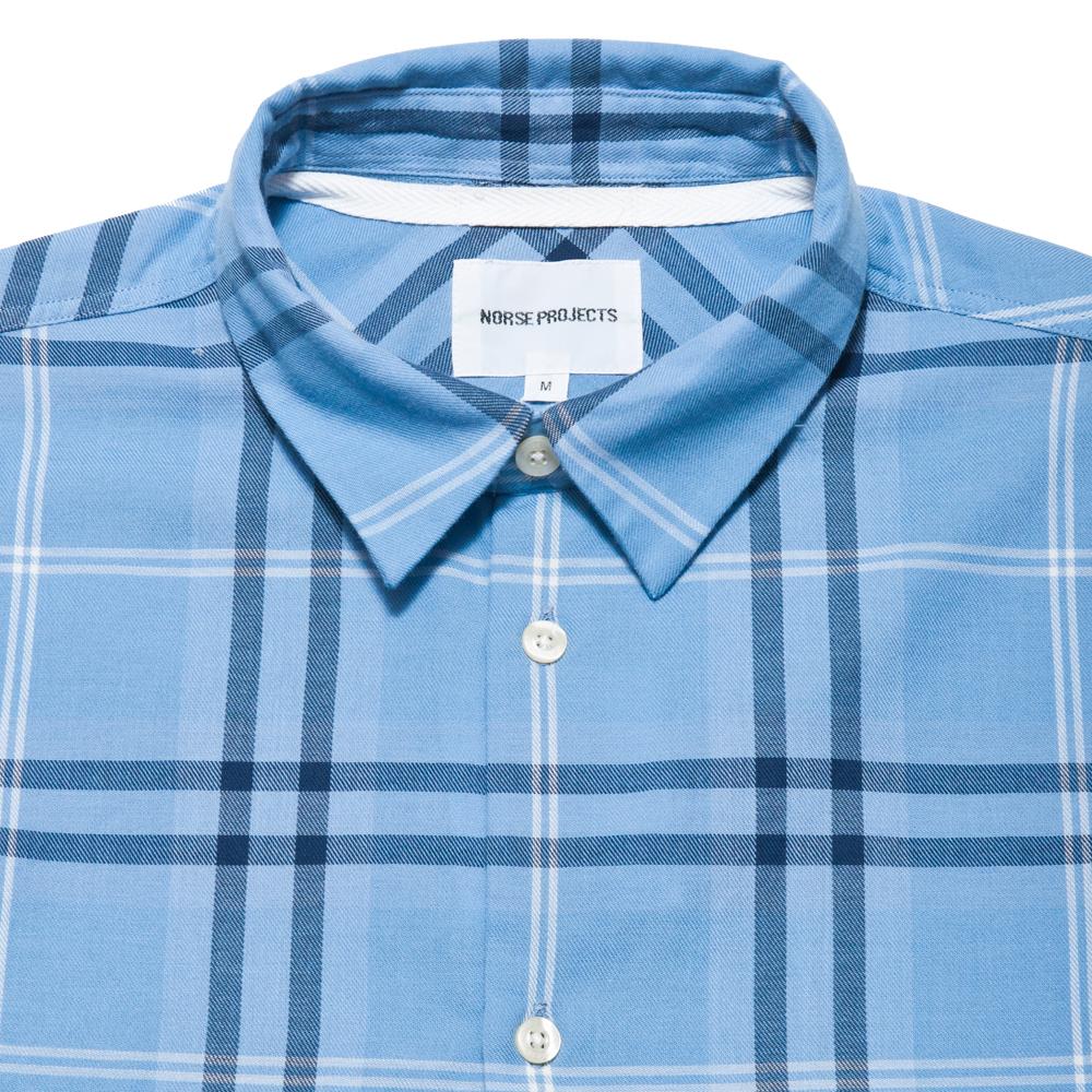 Norse Projects Hans Classic Check Luminous Blue at shoplostfound, neck