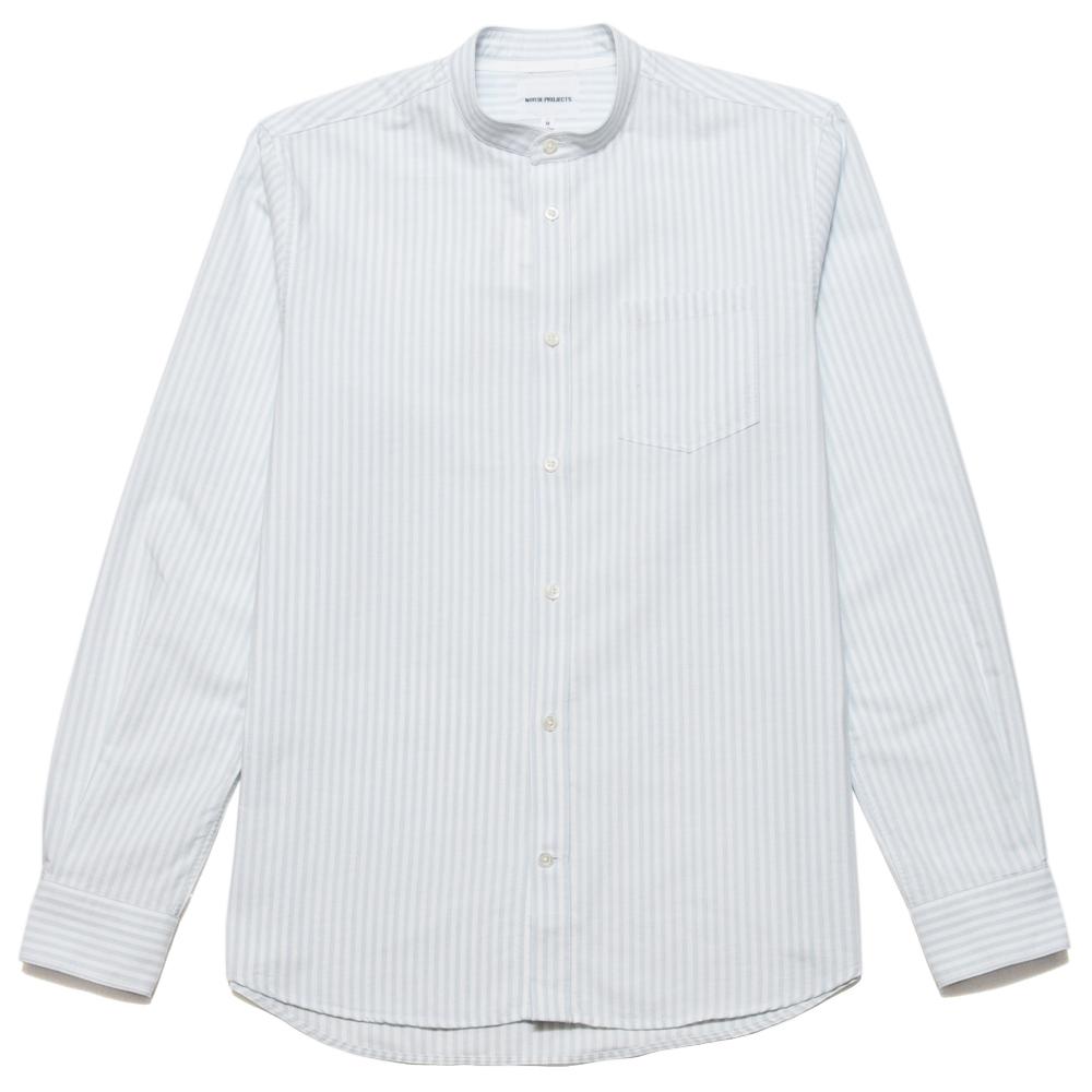 Norse Projects Hans Collarless Oxford Pale Blue Stripe at shoplostfound, front