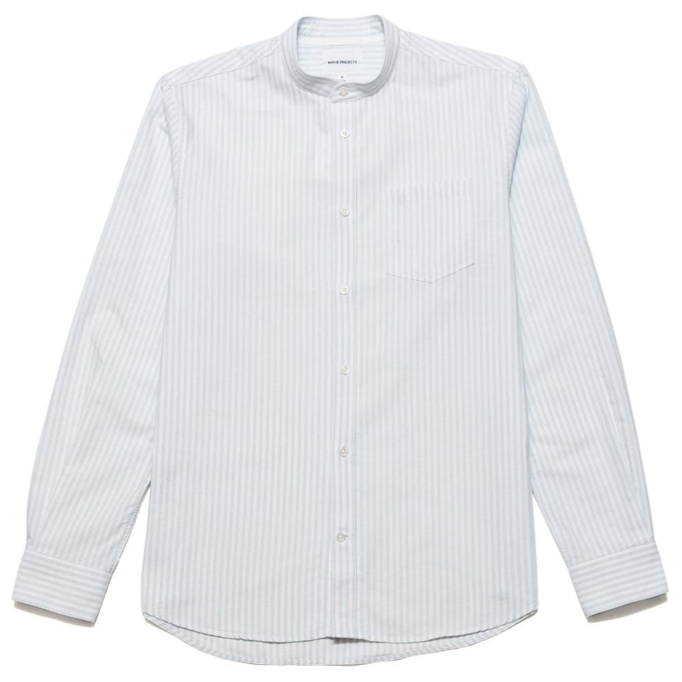 Norse Projects Hans Collarless Oxford Pale Blue Stripe at shoplostfound, front