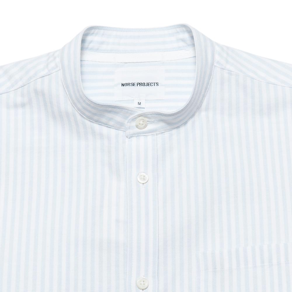 Norse Projects Hans Collarless Oxford Pale Blue Stripe at shoplostfound, neck