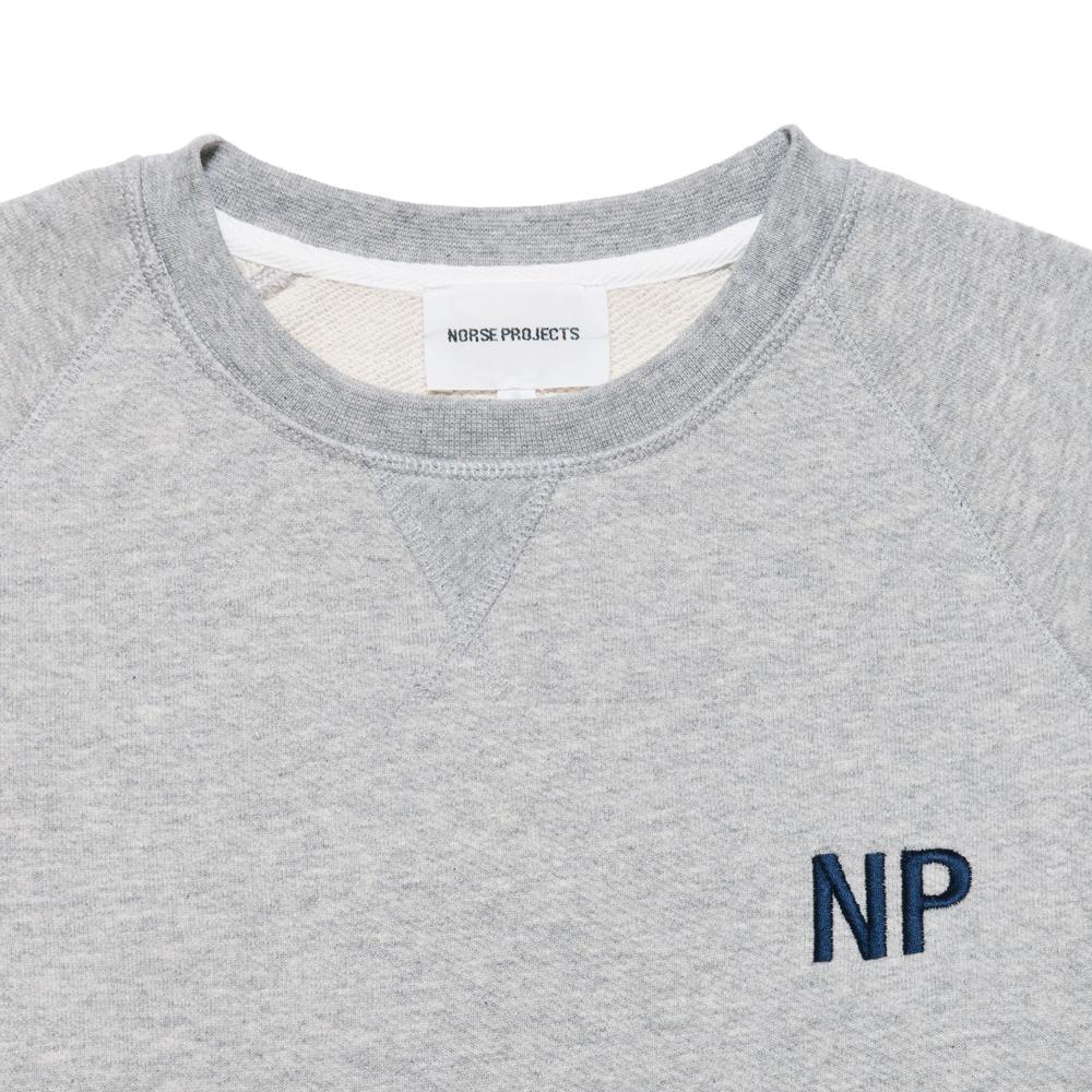 Norse Projects Ketel Crew Embroidery Logo Light Grey Melange at shoplostfound, neck