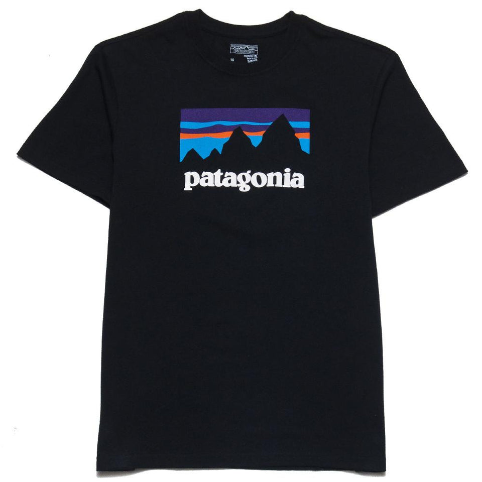 Patagonia SS Shop Sticker Cotton T-Shirt Black at shoplostfoun, front