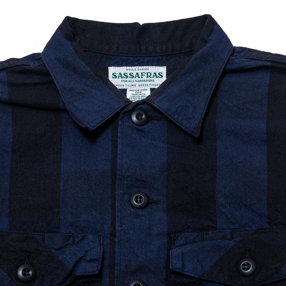 Sassafras Gardener Half Shirt Buffalo Plaid Blue at shoplostfound, neck