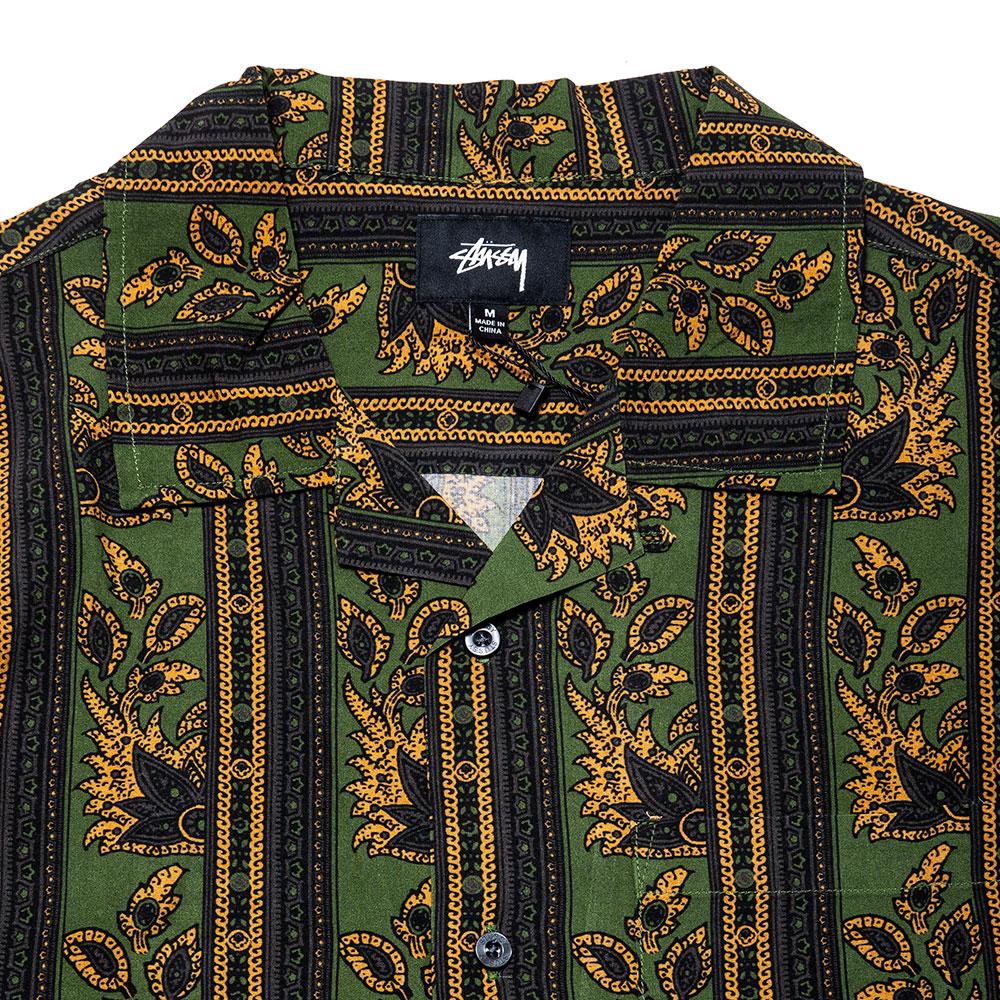 Stüssy Paisley Stripe L/S Shirt Olive at shoplostfound, neck