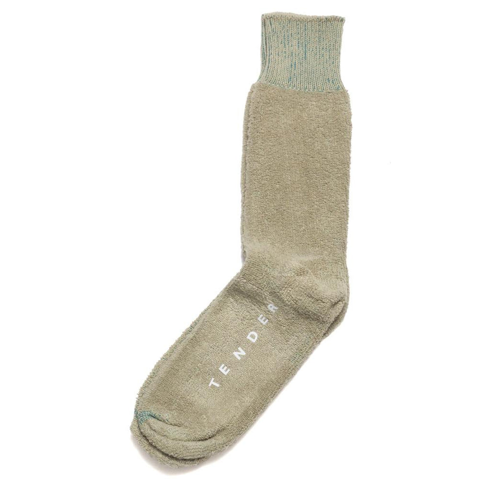 Tender Calf Length Reverse Terry Sock Green Khaki Cotton at shoplostfound, front