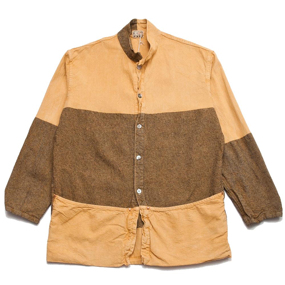 Size 4a Tender Folded Pocket Shirt in Yellow Ochre Dyed Wool with Cotton Awning Stripe at shoplostfound, front