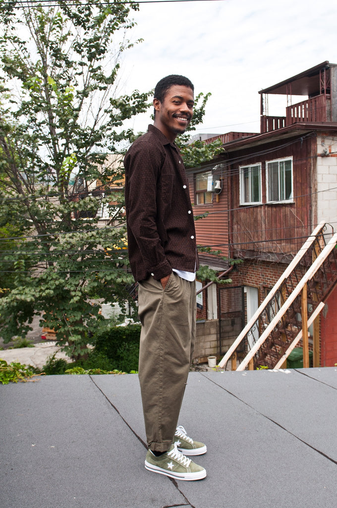 Beams Plus Open Collar Shirt Brown Printed Corduroy at shoplostfound, fit