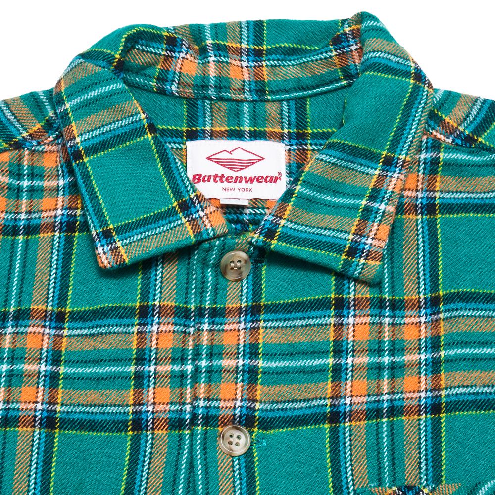 Battenwear 5 Pocket Canyon Shirt Green/Yellow Plaid at shoplostfound, neck