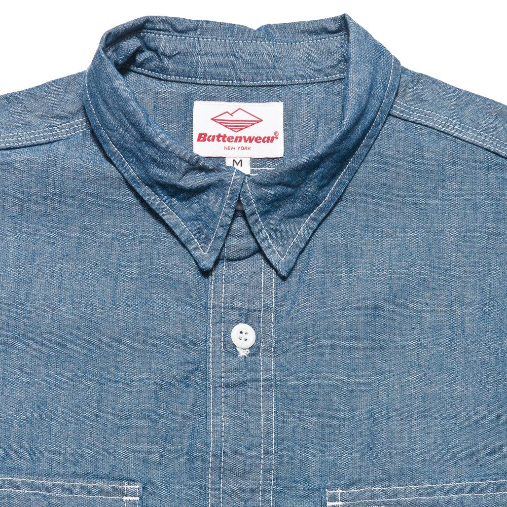 Battenwear Work Shirt Indigo at shoplostfound, neck