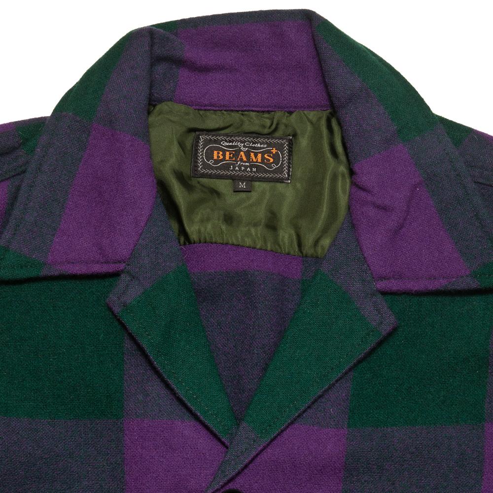 Beams Plus Camp Collar Jacket Block Purple/Green at shoplostfound, neck