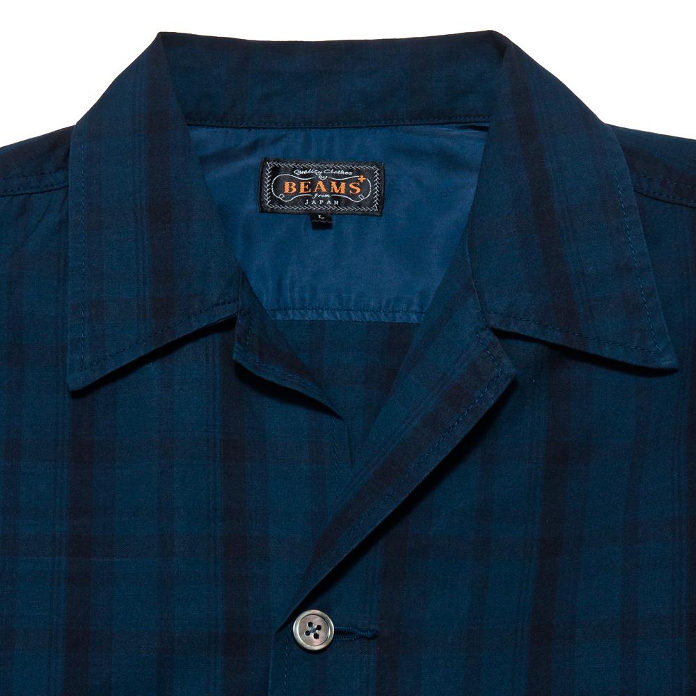Beams Plus Camp Collar Shirt Jacket Dark Check at shoplostfound, neck