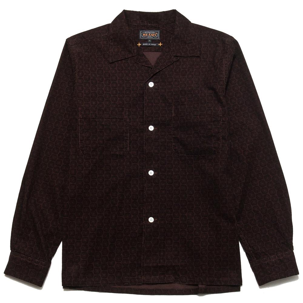 Beams Plus Open Collar Shirt Brown Printed Corduroy at shoplostfound, front