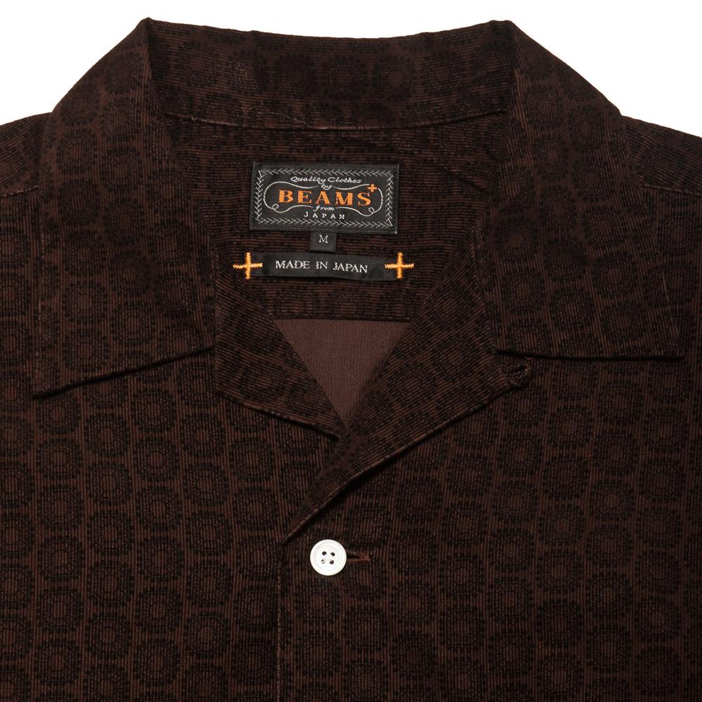 Beams Plus Open Collar Shirt Brown Printed Corduroy at shoplostfound, neck