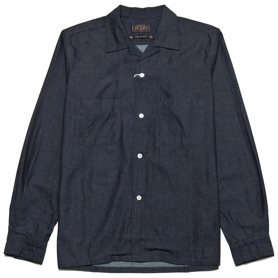 Beams Plus Open Collar Shirt Lt Oz Denim Indigo at shoplostfound, front