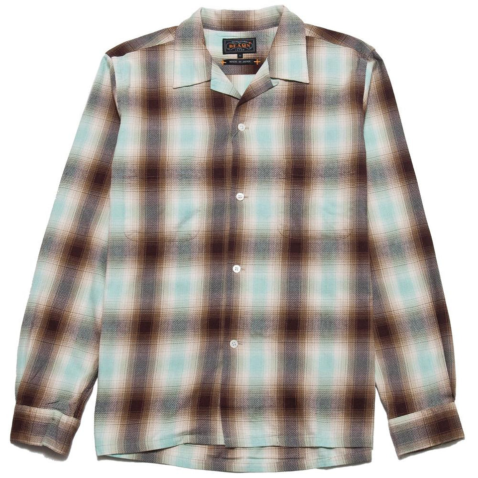 Beams Plus Open Collar Shirt Ombre Mint/Brown at shoplostfound, front