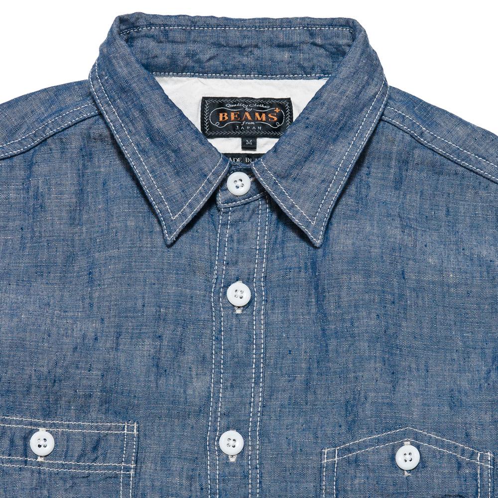 Beams Plus Work Linen Chambray Blue at shoplostfound, neck