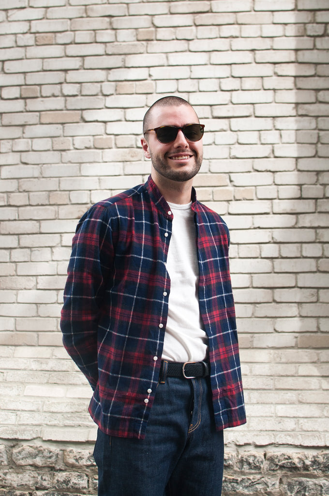 Gitman Vintage Bros. Band Collar Long Sleeve Red/Navy Plaid Flannel at shoplostfound, Holden