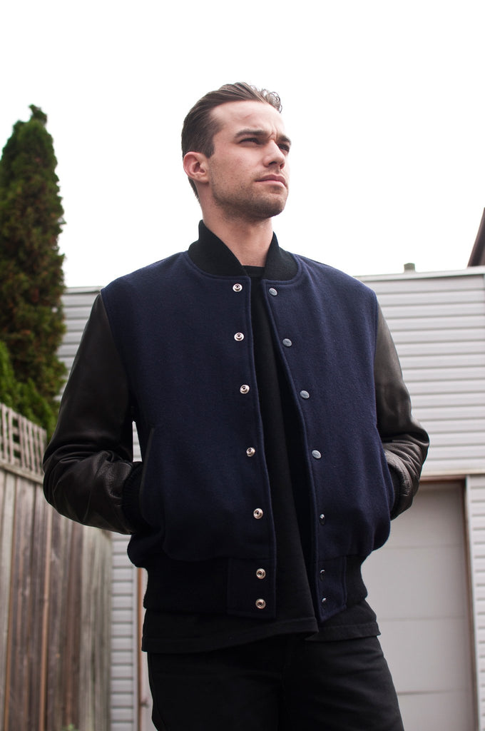 Golden Bear Navy Melton Wool Black Leather Varsity Jacket at shoplostfound, Michael