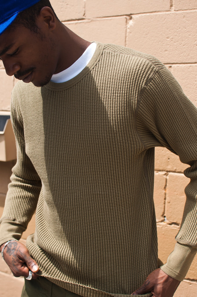 Homespun Thermal Long Sleeve Crew Bulky Waffle in Hunter Olive at shoplostfound, Jason