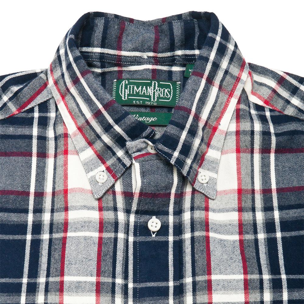 Gitman Vintage Bros. Long Sleeve Navy/White Plaid Flannel at shoplostfound, neck