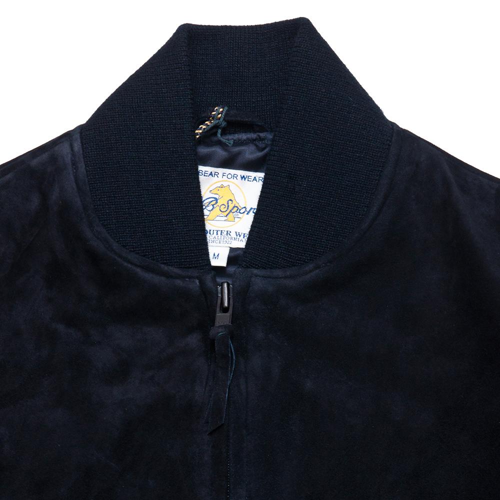 Golden Bear Navy Goat Suede Baseball Jacket at shoplostfound, neck