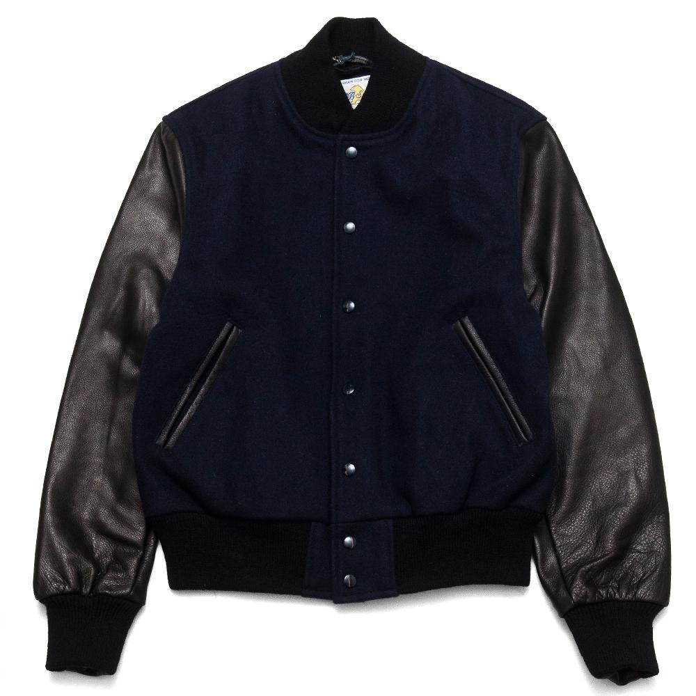 Golden Bear Navy Melton Wool Black Leather Varsity Jacket at shoplostfound, front