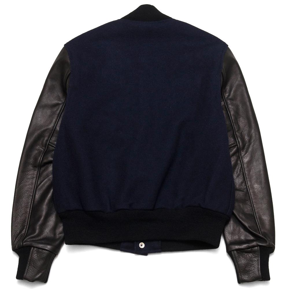 Golden Bear Navy Melton Wool Black Leather Varsity Jacket at shoplostfound, back