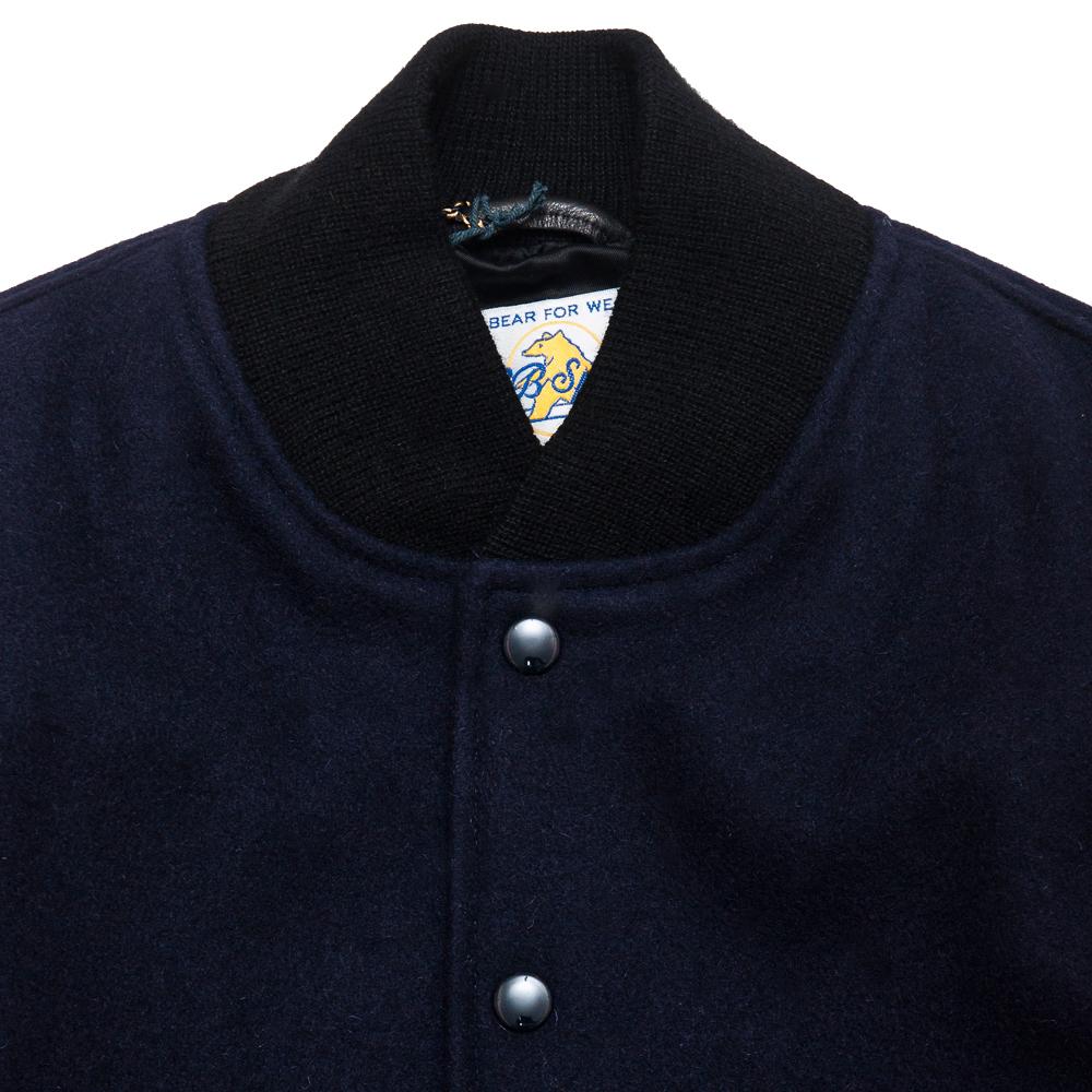 Golden Bear Navy Melton Wool Black Leather Varsity Jacket at shoplostfound, neck