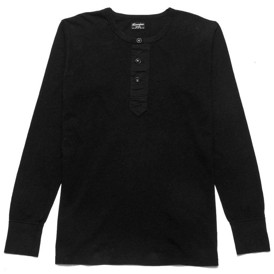 Homespun Long Sleeve Surplus Henley Zimbabwe Jersey Black at shoplostfound, front