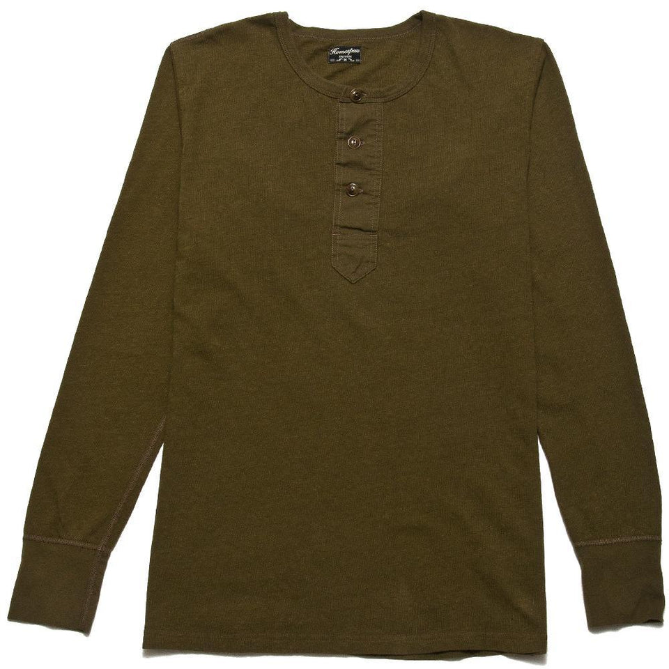 Homespun Long Sleeve Surplus Henley Zimbabwe Jersey Olive at shoplostfound, front