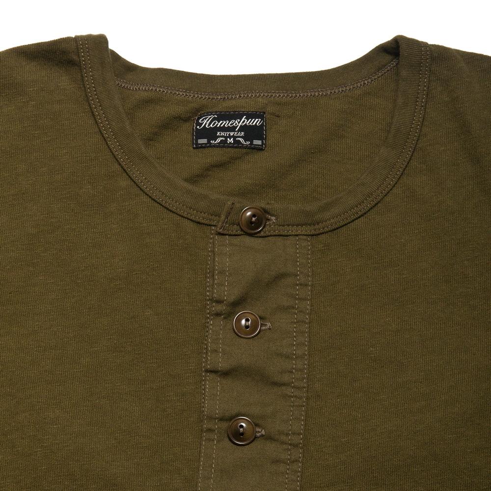 Homespun Long Sleeve Henley Zimbabwe Jersey in Olive at shoplostfound, neck