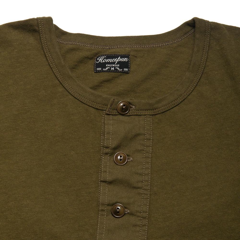 Homespun Long Sleeve Surplus Henley Zimbabwe Jersey Olive at shoplostfound, neck