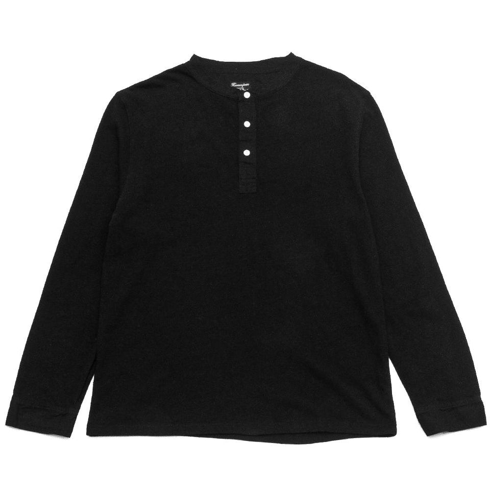 Homespun Long-Sleeve Old Timer Henley in Zimbabwe Jersey Aged Black at shoplostfound, front