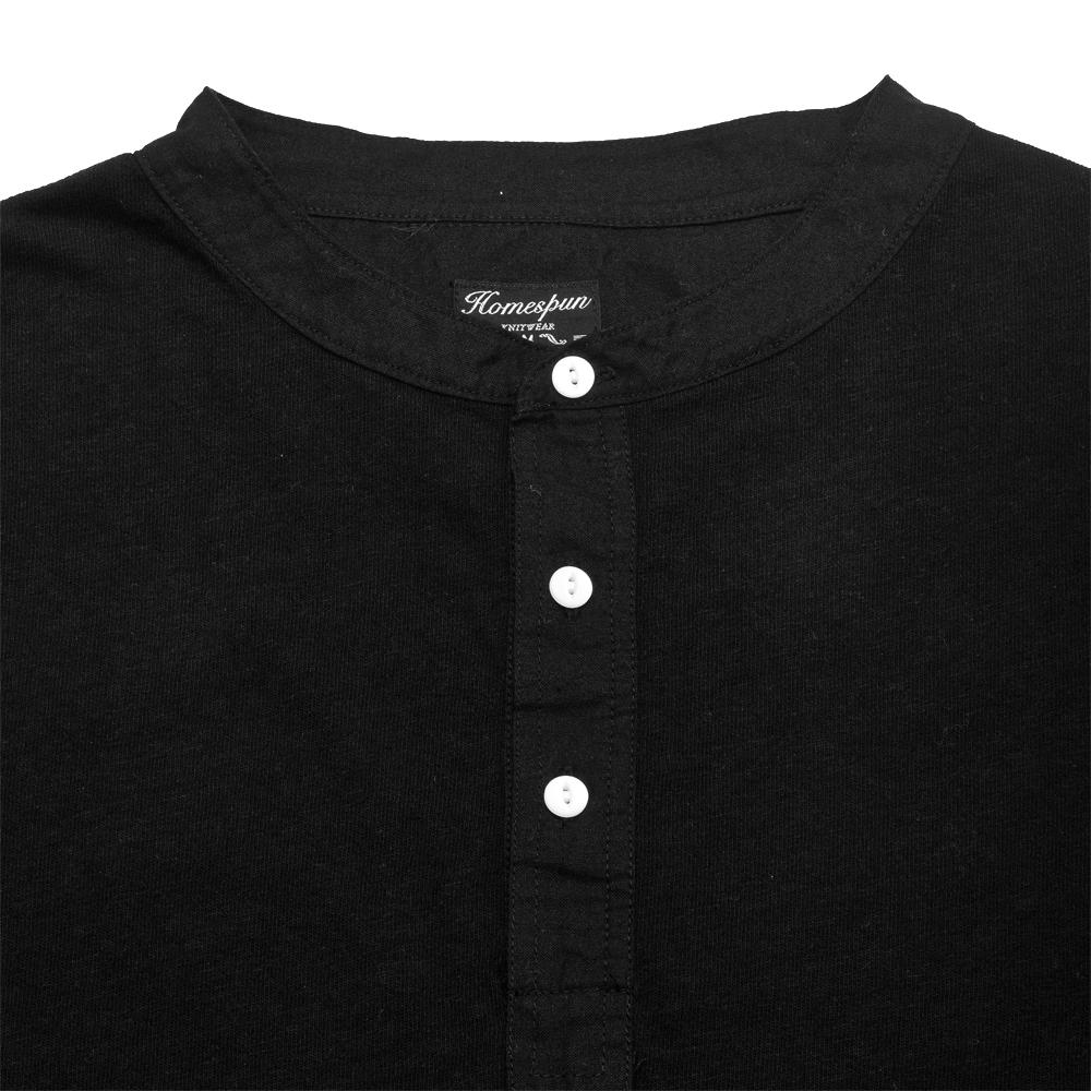 Homespun Long-Sleeve Old Timer Henley in Zimbabwe Jersey Aged Black at shoplostfound, neck