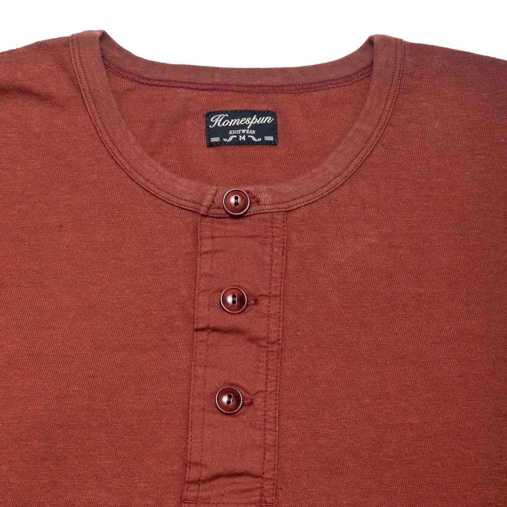 Homespun Long Sleeve Surplus Henley Zimbabwe Jersey Oxblood at shoplostfound, neck