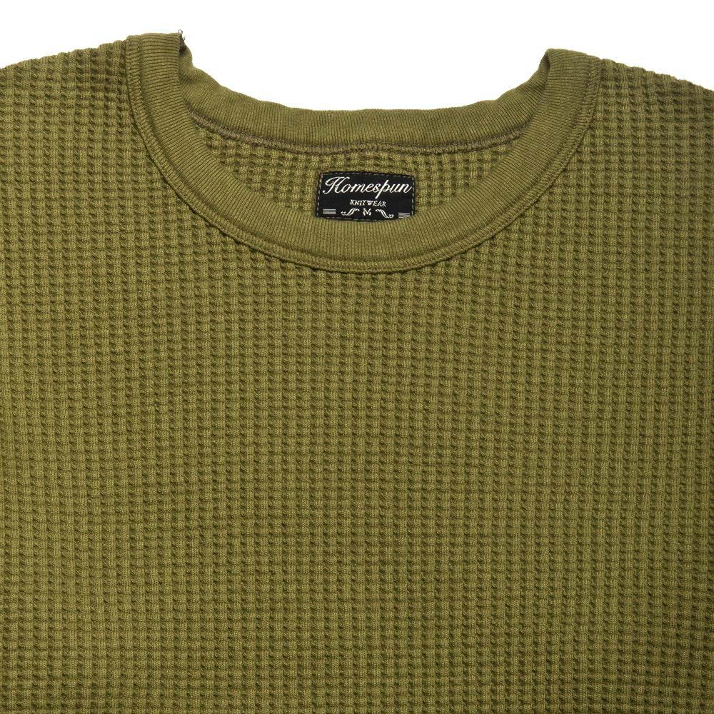 Homespun Thermal Crew Bulky Waffle Hunter Olive at shoplostfound, neck