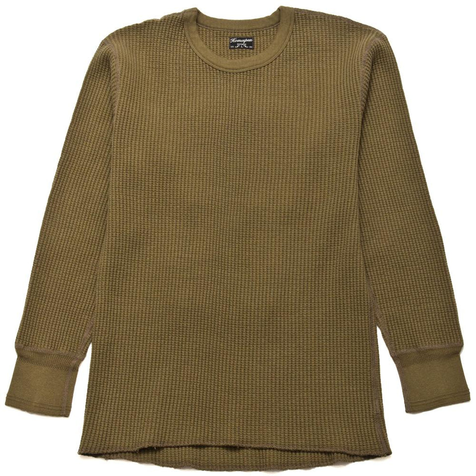 Homespun Thermal Long Sleeve Crew Bulky Waffle in Hunter Olive at shoplostfound, front