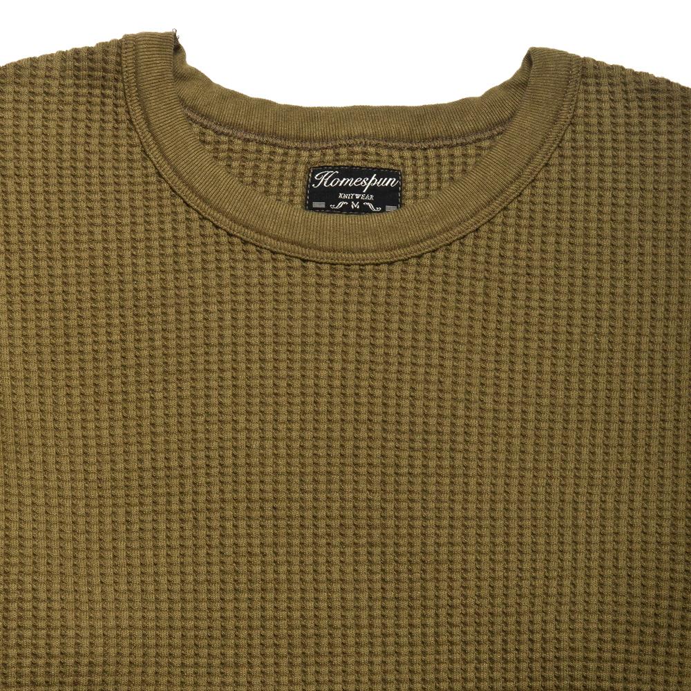 Homespun Thermal Long Sleeve Crew Bulky Waffle in Hunter Olive at shoplostfound, neck