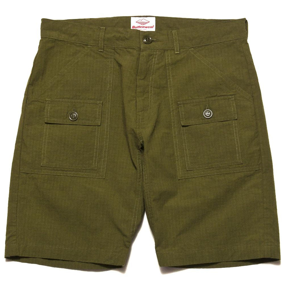 Battenwear Trek Shorts Olive at shoplostfound in Toronto, front